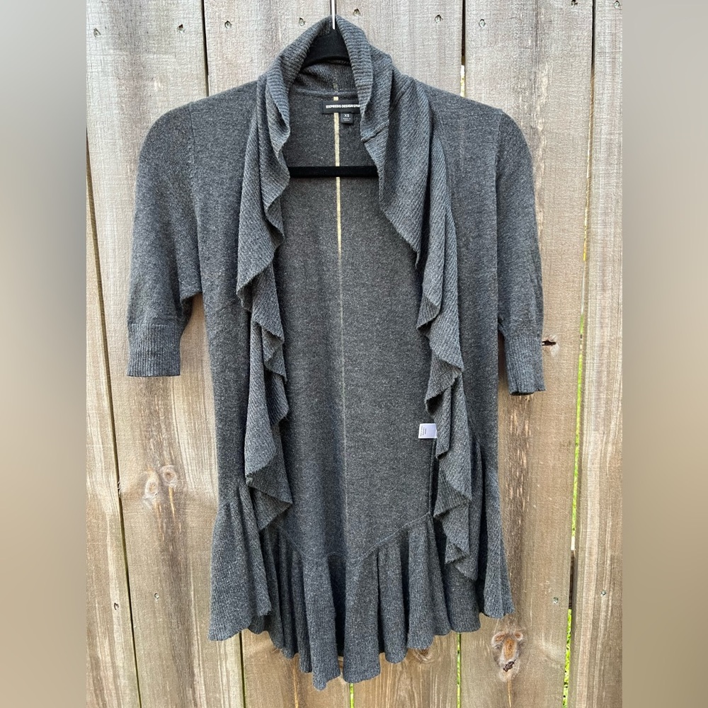 Express Design Studio Heather Gray Ruffle Cardigan xs